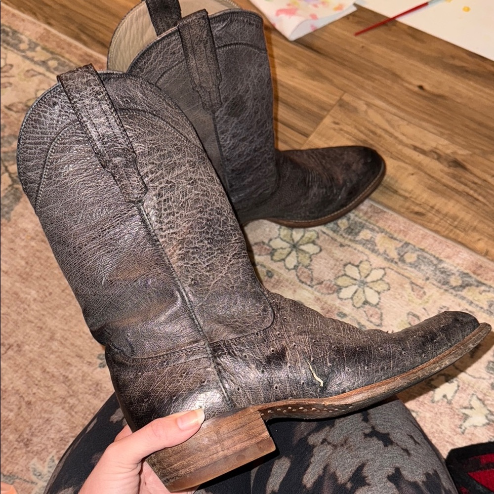 Tecovas Gray and Brown Western Boots with Distressed Leather genuine ostrich